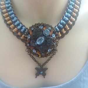 Handmade recycled belt buckle butterfly statement necklace choker OOAK